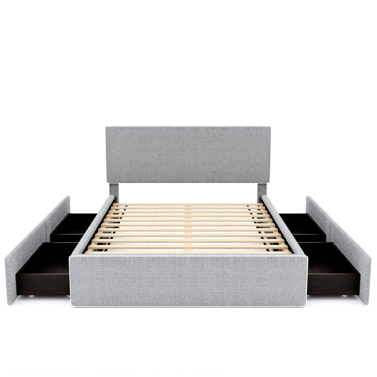 Full Size Upholstered Platform Bed with 4 Drawers and White Edge on the Headboard & Footboard, Gray