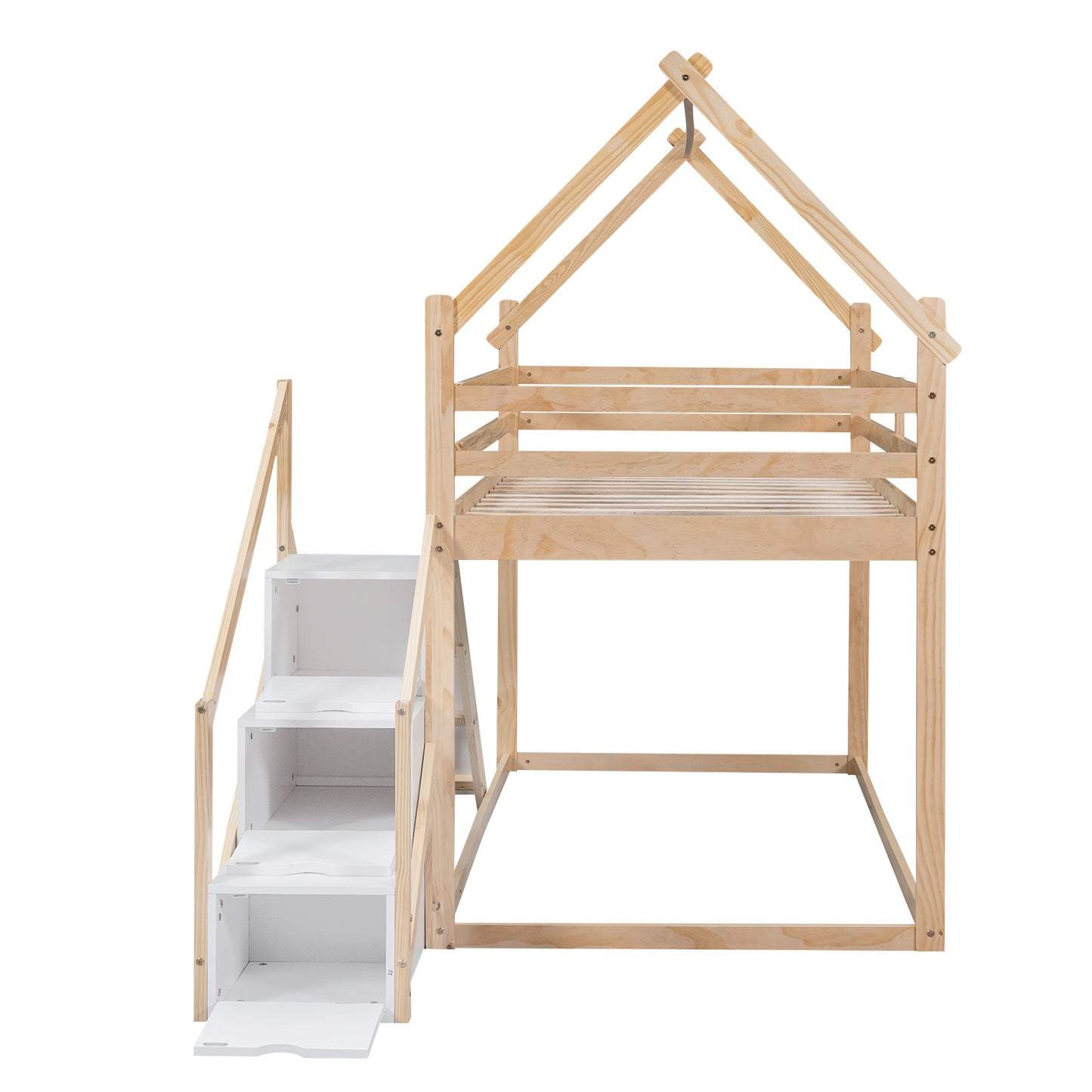 Twin House Loft Bunk Bed with Slide, Staircase, and Storage for Kids, Natural