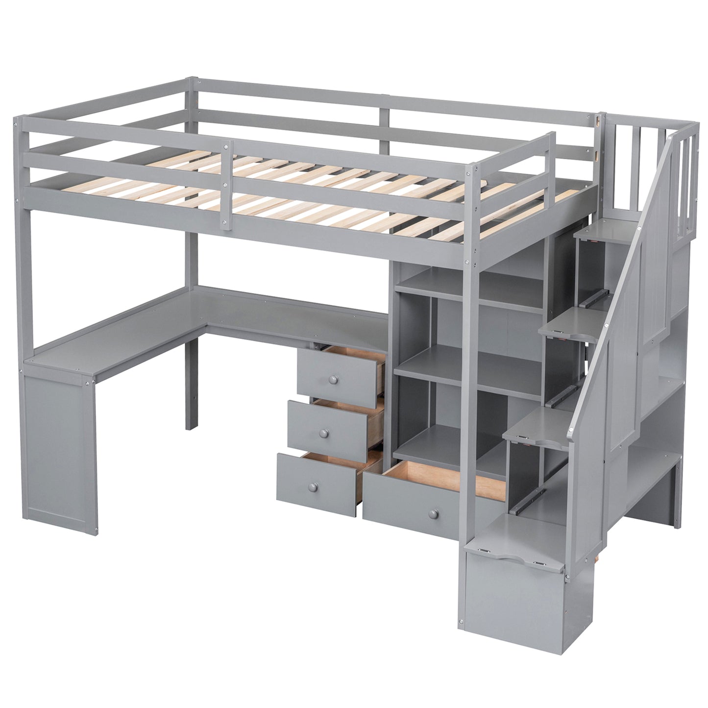 Twin Size Loft Bed with L-Shaped Desk and Drawers, Cabinet and Storage Staircase, Gray