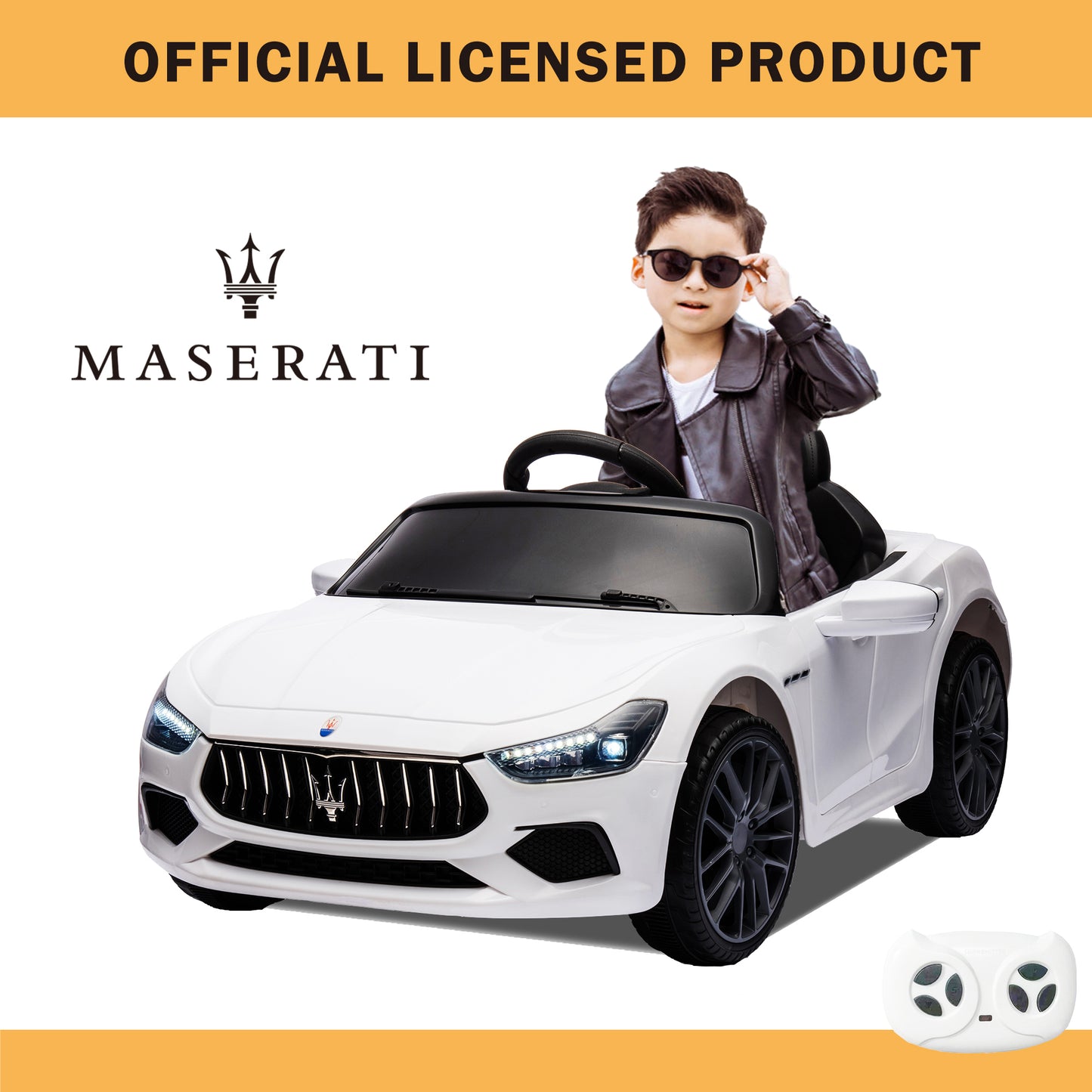 White, Ride On Car, Licensed Maserati 12V, Rechargeable Battery Powered Electric Car with 2 Motors, Parental Remote Control and Manual Modes, Led Lights, MP3, Horn, Music, 4-Wheel, Gift for Boys Girls