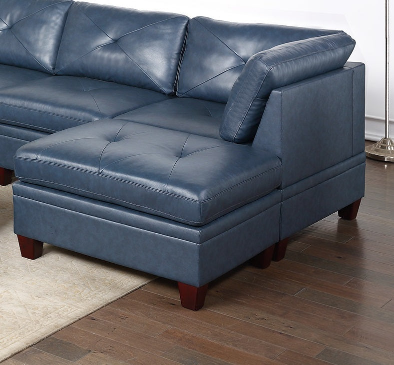 Ink Blue Genuine Leather Tufted 8-Piece Sectional Set with Ottoman and Plush Couch