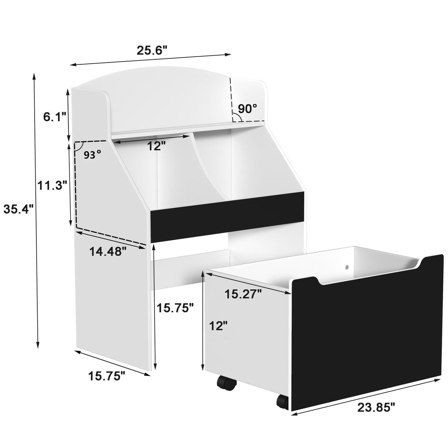 Children's White Bookshelf and Toy Storage Organizer with Rolling Bin and Chalkboard Panels