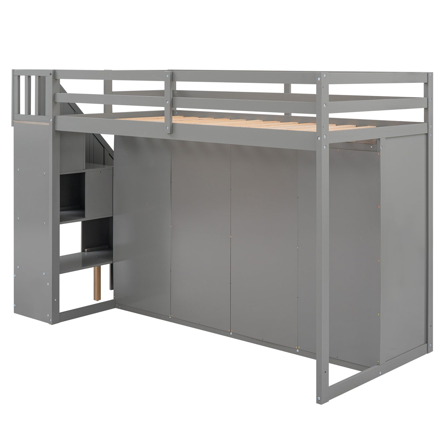 Functional Loft Bed with 3 Shelves, 2 Wardrobes and 2 Drawers,  Ladder with Storage, No Box Spring Needed, Gray