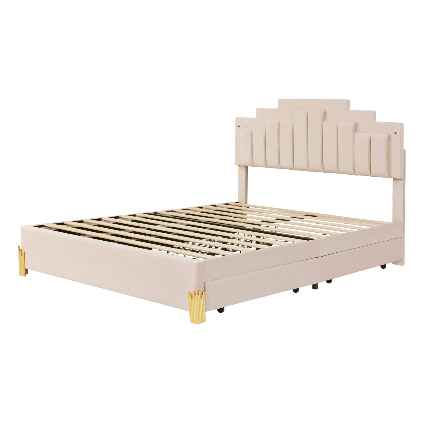 Queen Size Upholstered Platform Bed with LED Lights and 4 Drawers, Stylish Irregular Metal Bed Legs Design, Beige