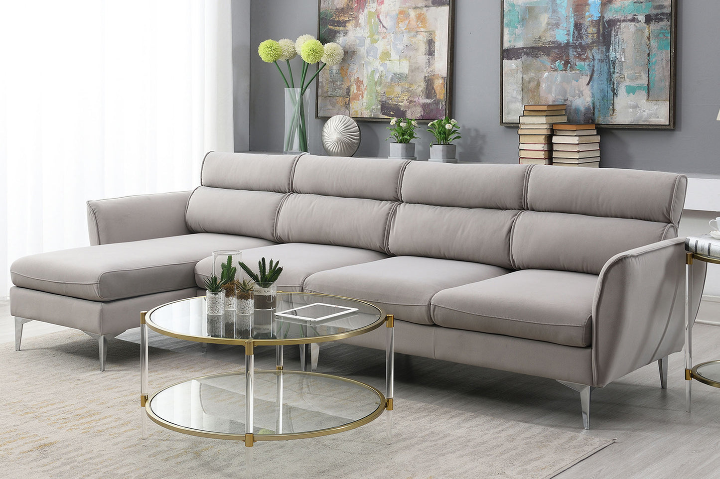 Convertible L-Shape Sectional Sofa with Chaise and Flannel Upholstery