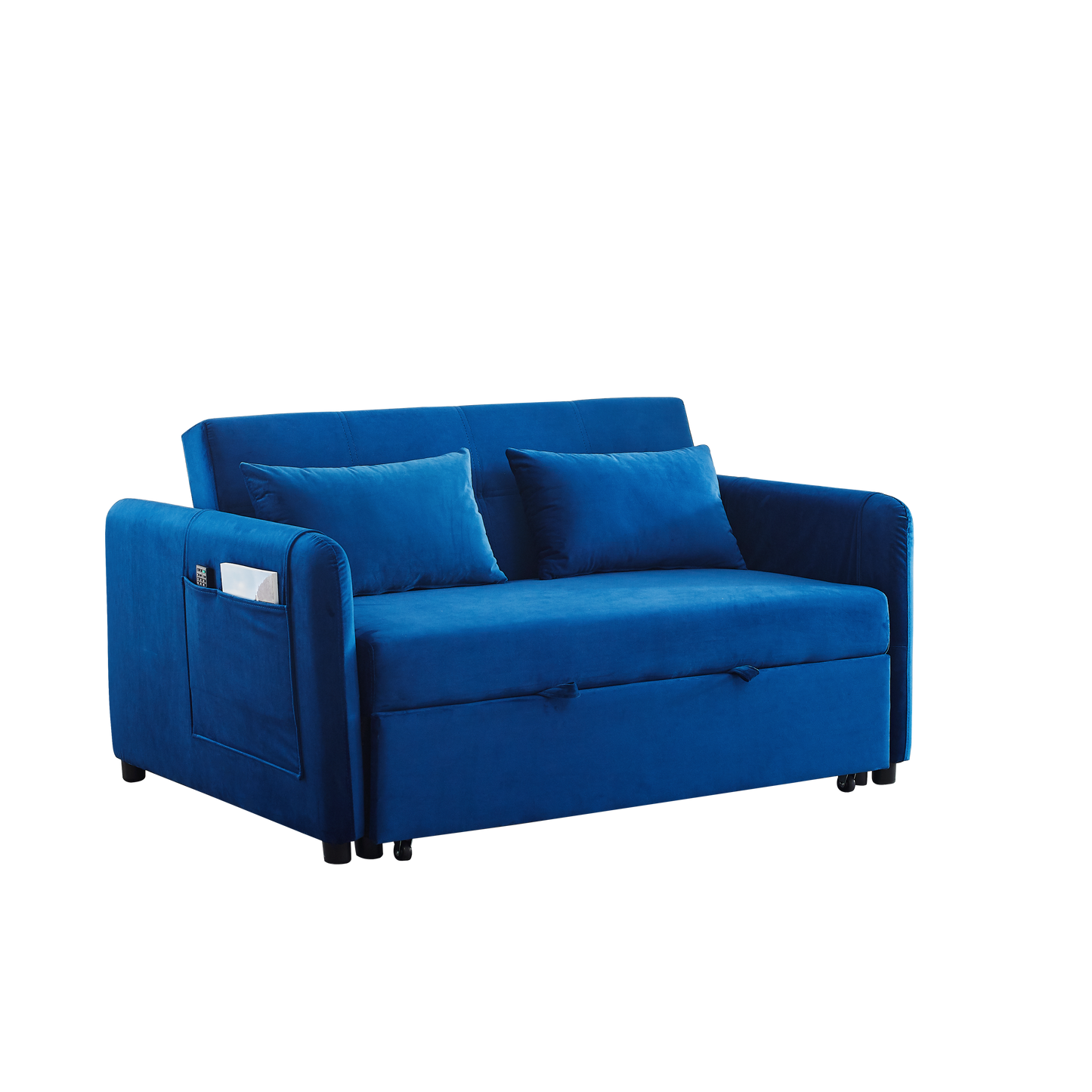 Convertible Sofa Bed, 3-in-1 Versatile Velvet Double Sofa with Pullout Bed, Seat with Adjustable Backrest, Lumbar Pillows, and Living Room Side Pockets, 54 Inch, Blue