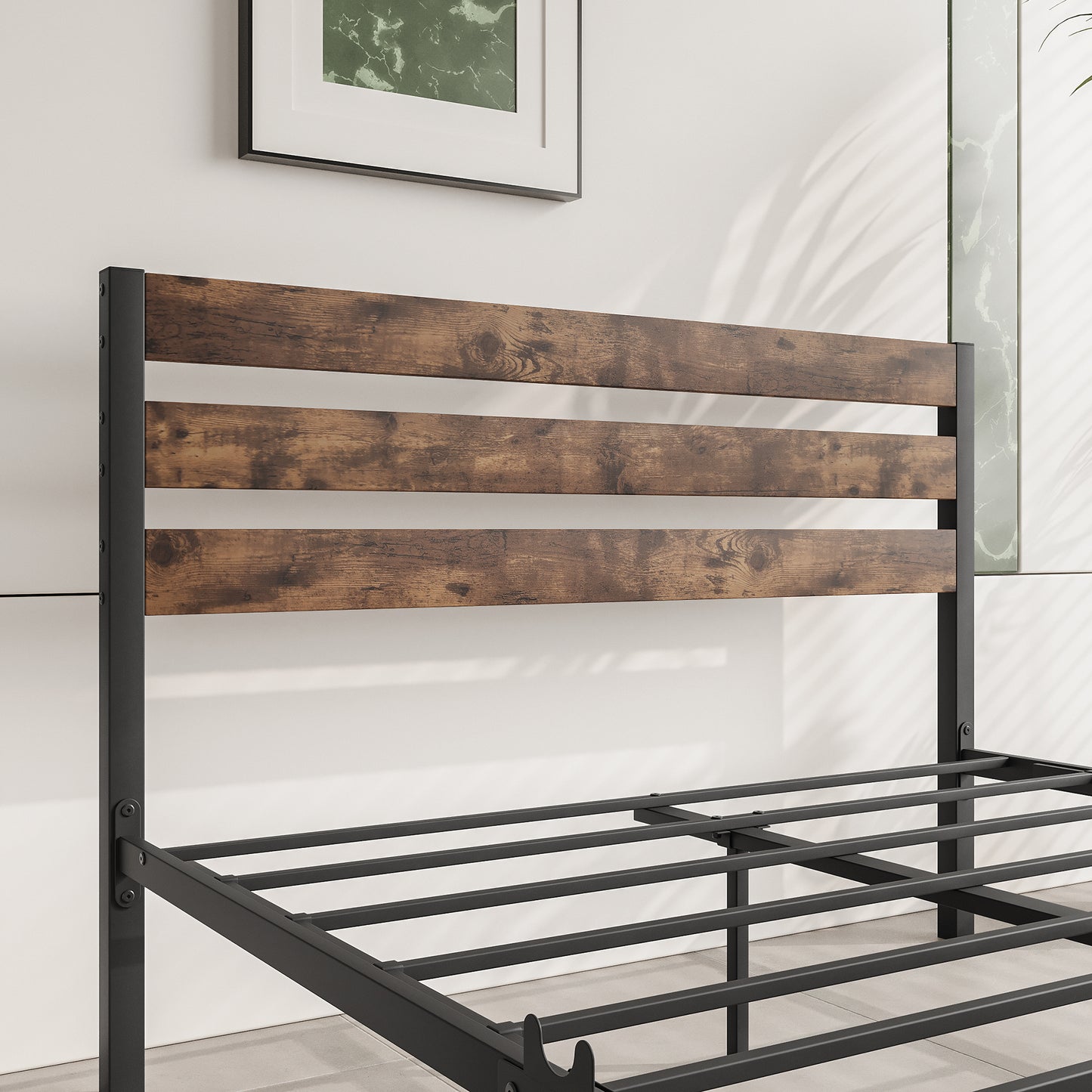 Full Size Platform Bed Frame with Rustic Vintage Wood Headboard, Strong Metal Slats Support Mattress Foundation, No Box Spring Needed Rustic Brown