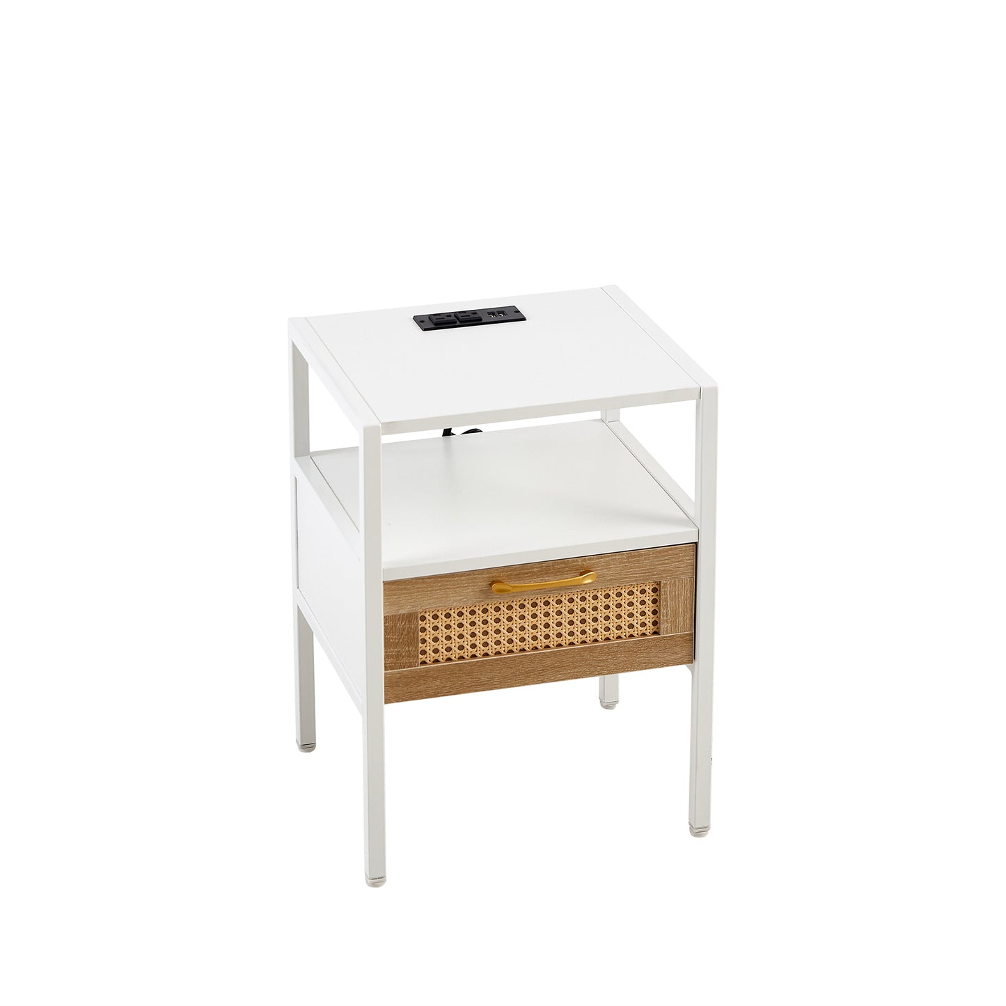 15.75" Rattan End table with Power Outlet  & USB Ports , Modern nightstand with drawer and metal legs, side table for living room, bedroom,white(1 PC)