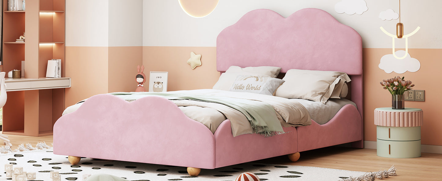 Full Size Upholstered Platform Bed with Cloud Shaped bed board, Light Pink