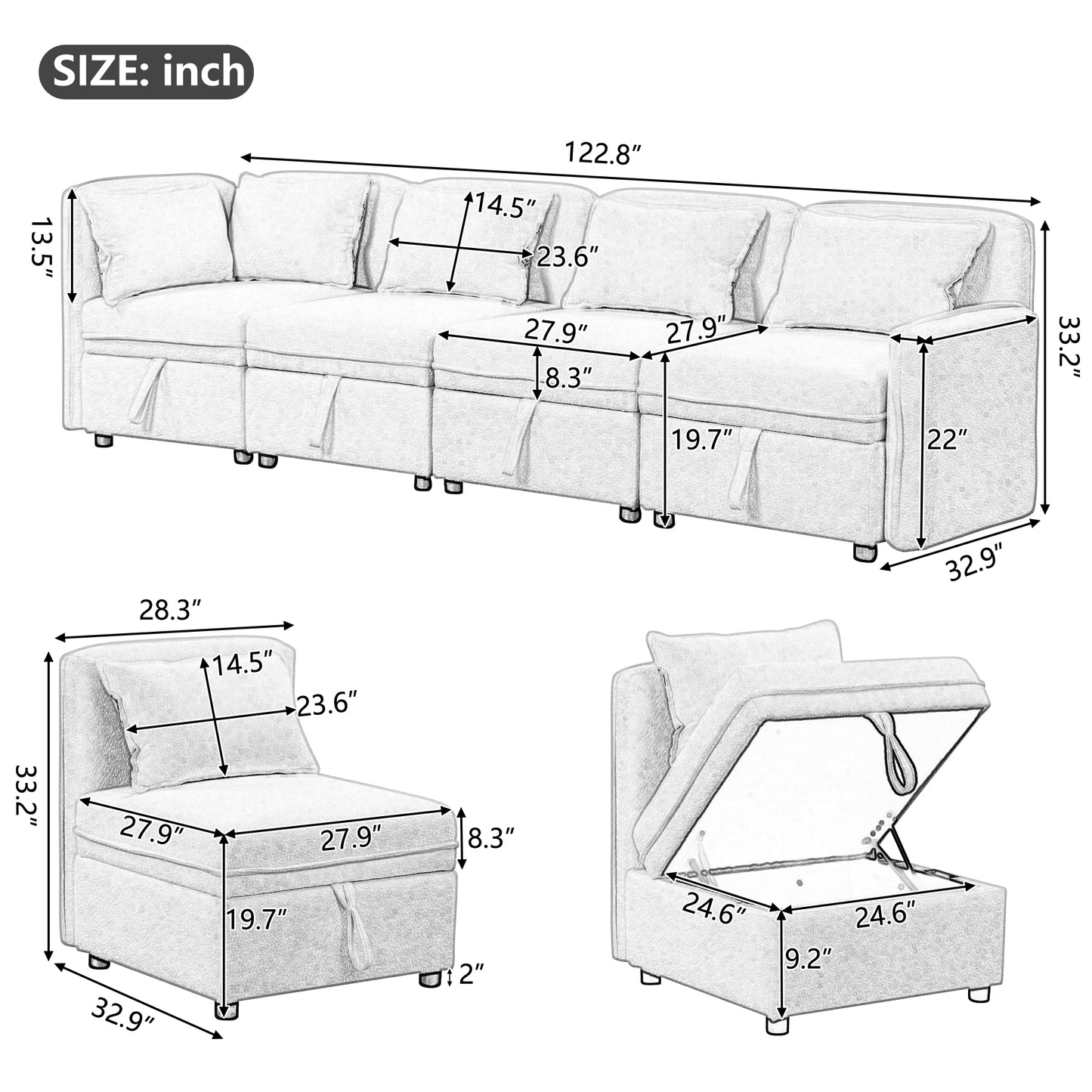 Convertible Modular Minimalist Sectional Sofa with Storage and 5 Pillows