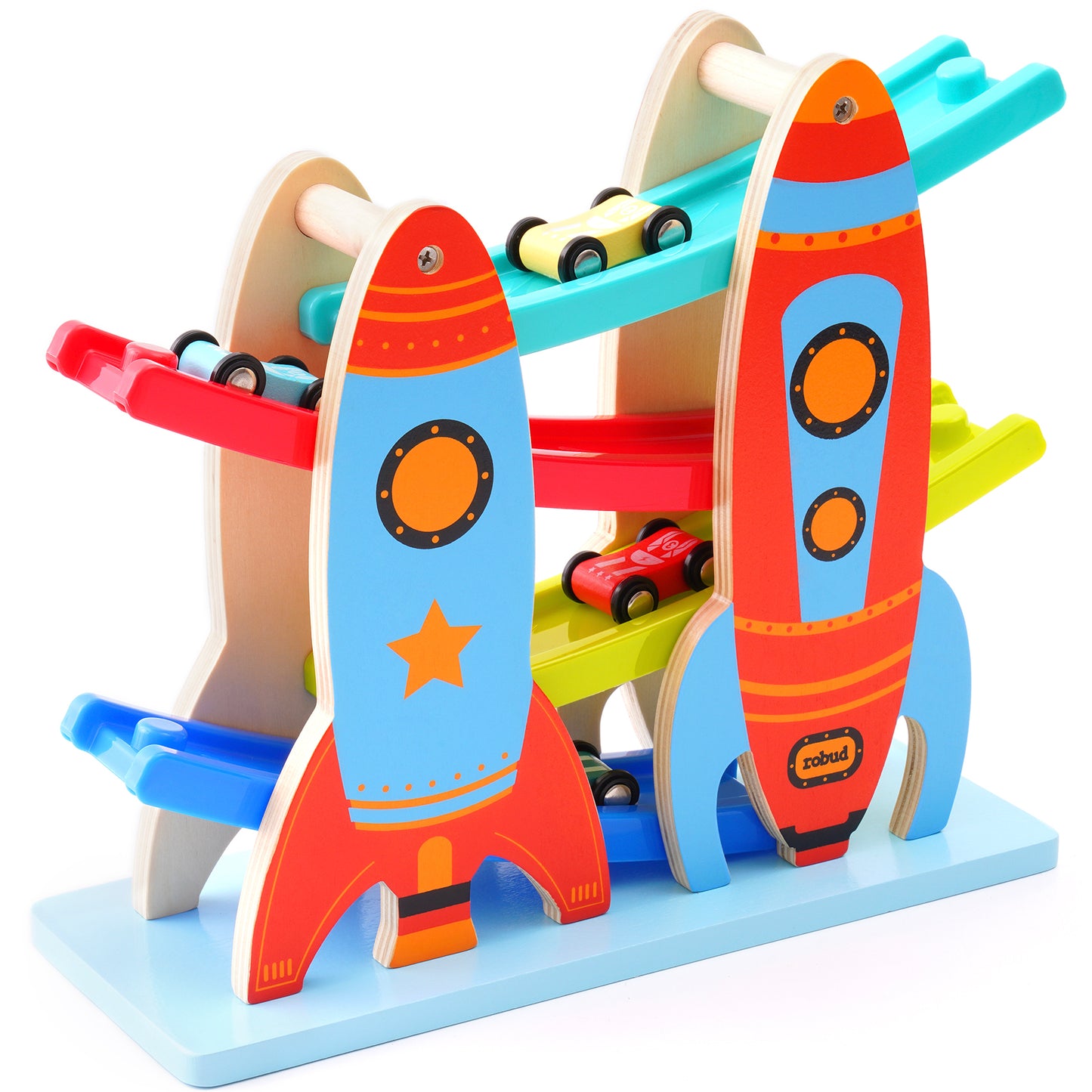 Colorful Wooden Toy Car Ramp Racer Set with 4 Cars