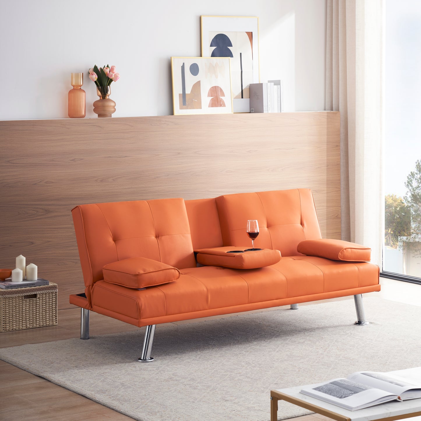 67 Orange Leather Multifunctional Double Folding Sofa Bed with Built-In Coffee Table