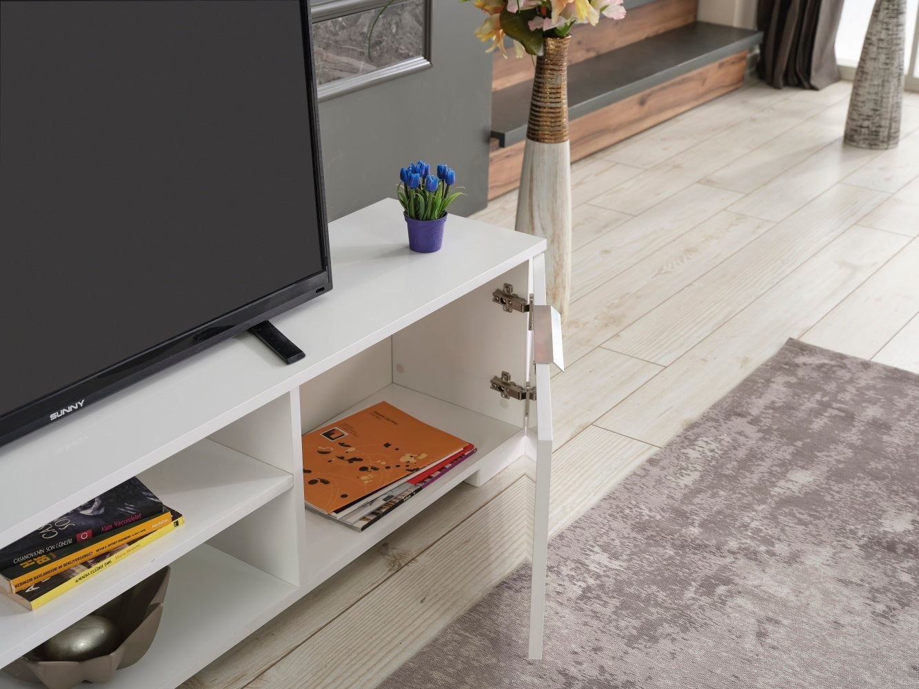 April Mid Century Modern TV Stand with 2 Door Cabinets and 2 Shelves - White 66 inch TV Unit