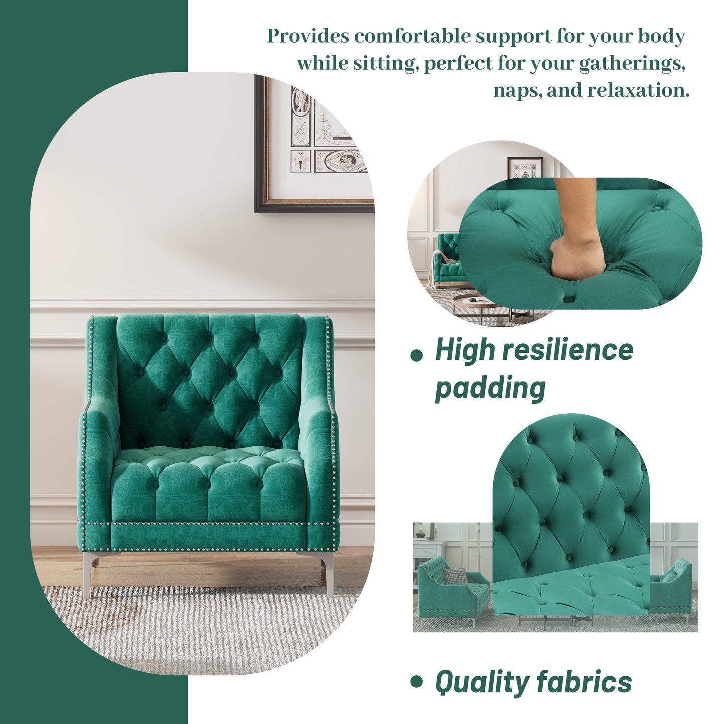 55.5 Green Plush Upholstered Modern Sofa with Metal Legs