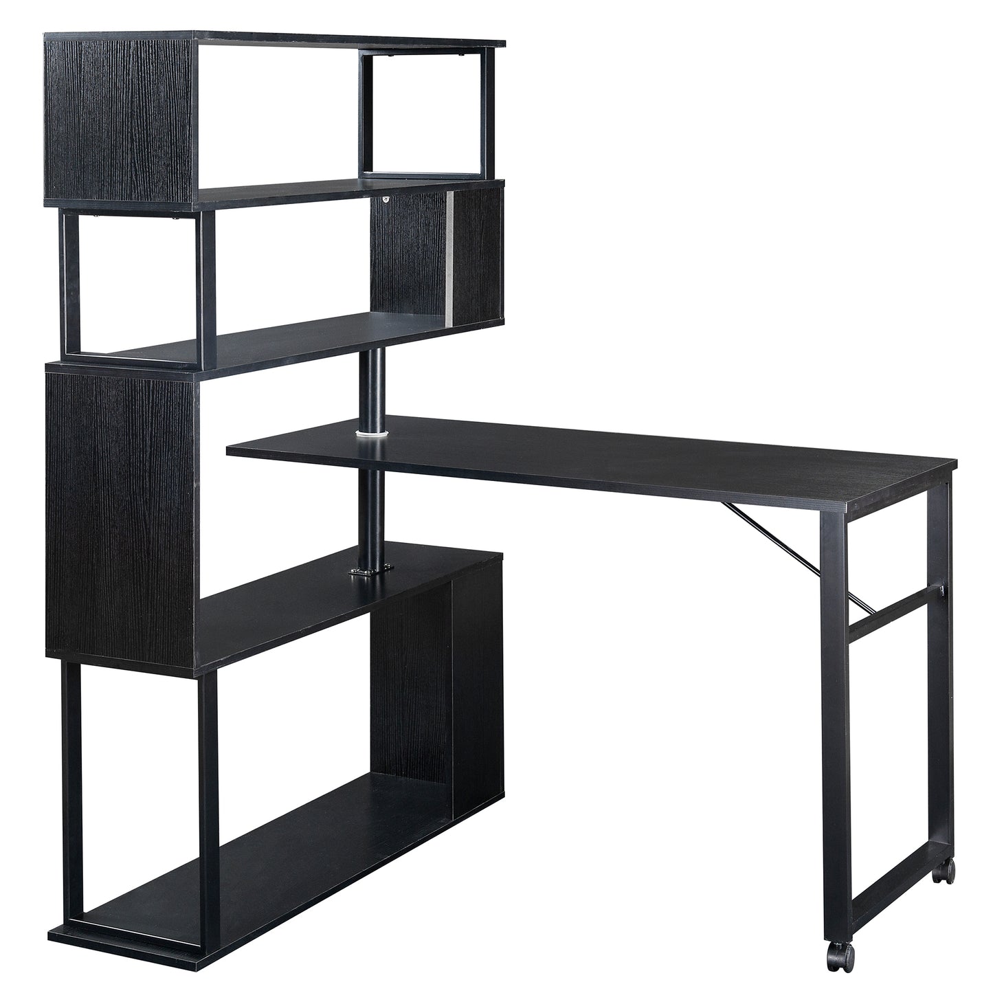 Modern L-Shaped Home Office Desk with Rotating Bookshelf and Lockable Casters