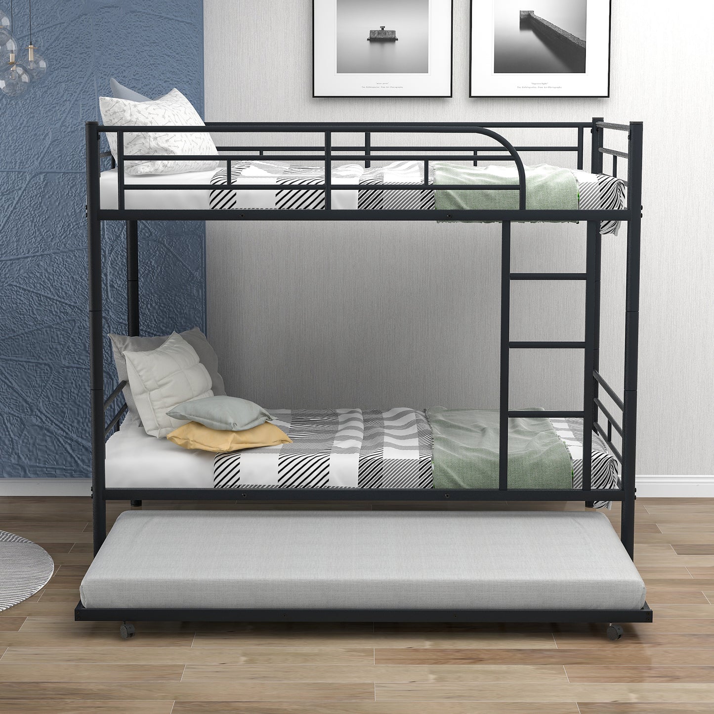 Metal Bunk Bed with Twin Trundle, Convertible Twin-Over-Twin, Black