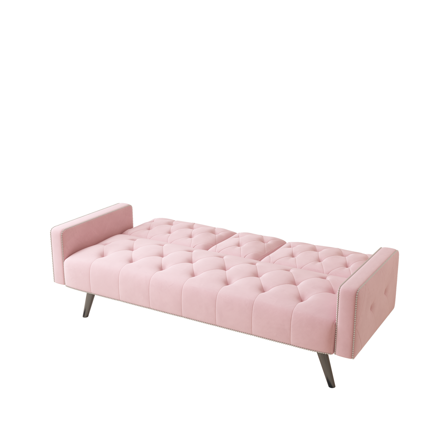 72 Pink Velvet Sofa Bed with Nail Head Trim and Two Cup Holders for Small Spaces