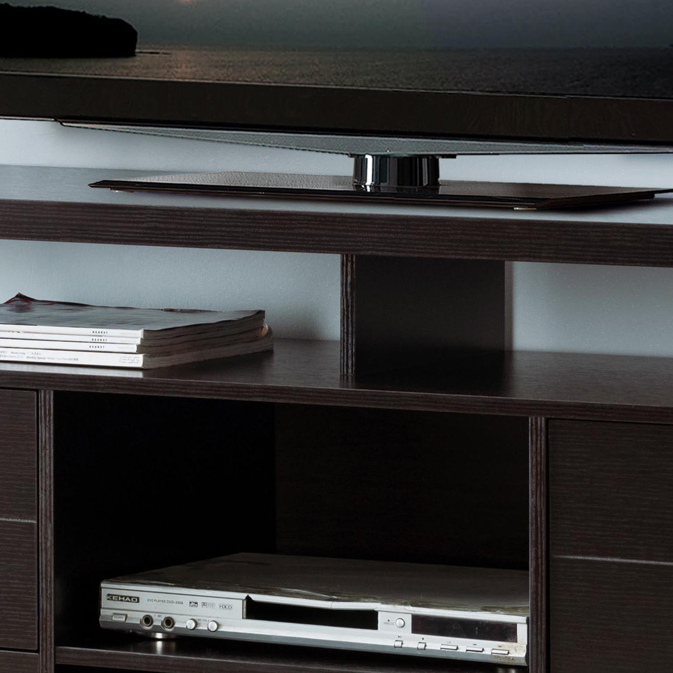 Modern Red Cocoa TV Stand and Buffet with Two-Tier Shelving and Eight Drawers.