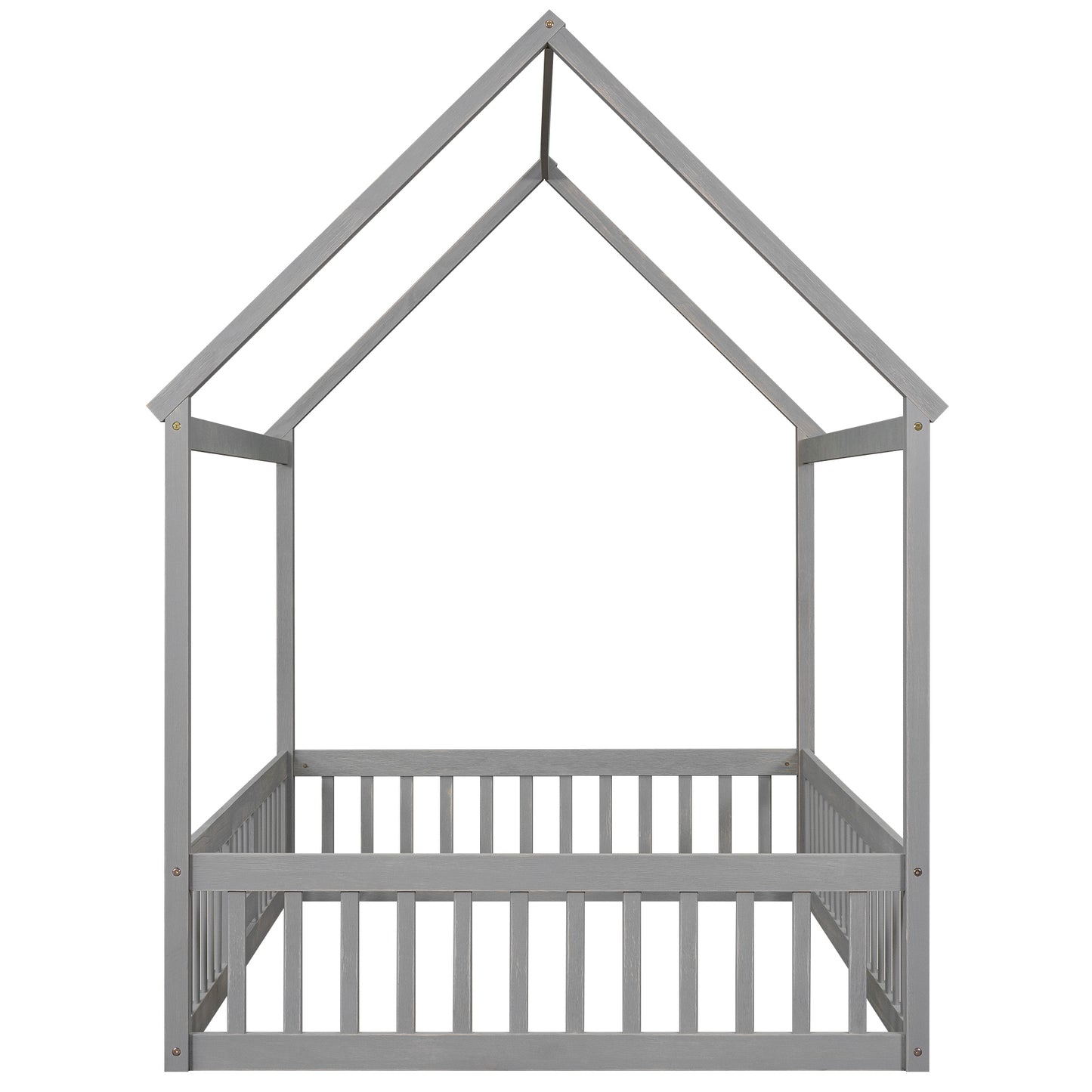 Full Size Wood House Bed with Fence and Door, Gray Wash