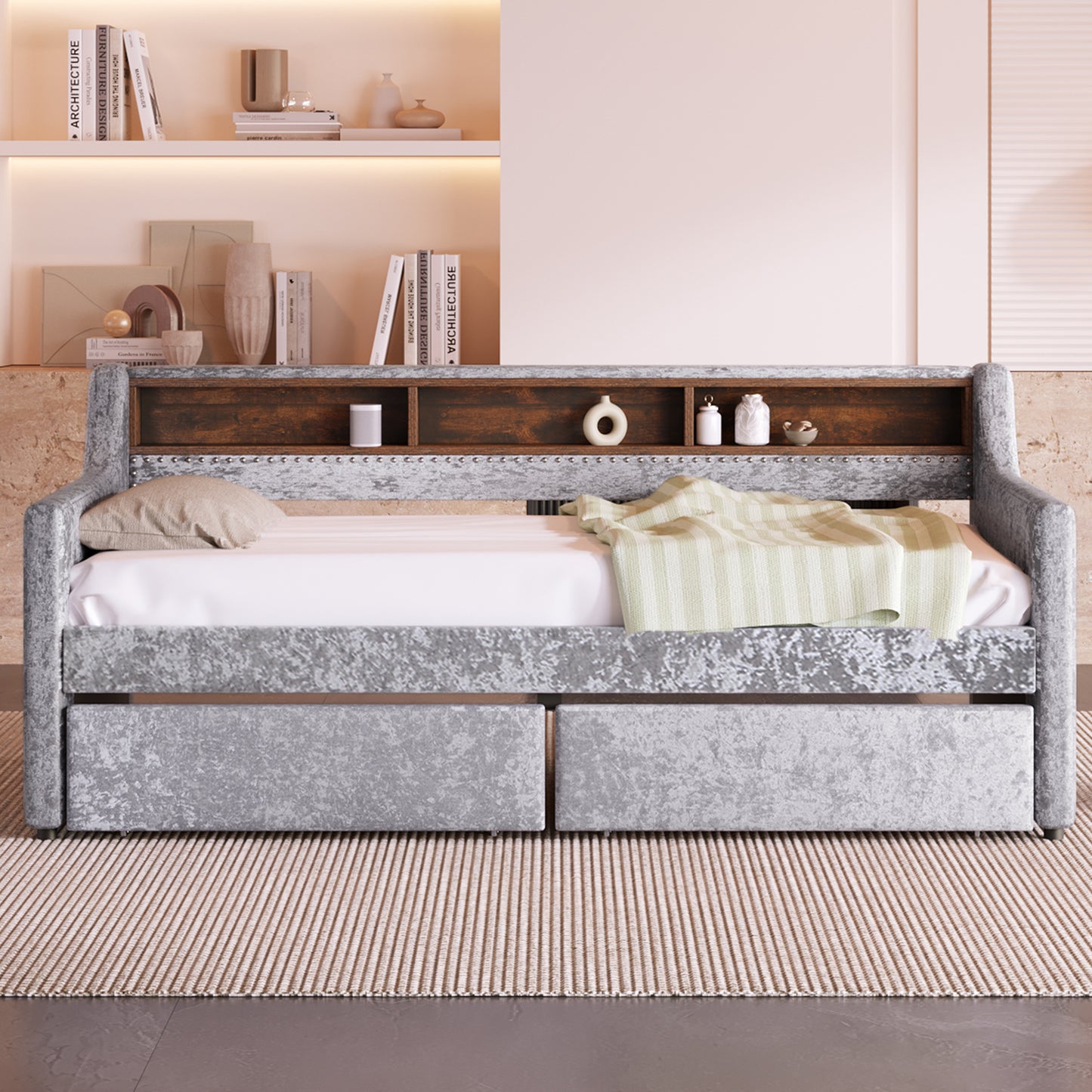 Twin Size Snowflake Velvet Daybed with Two Storage Drawers and Built-in Storage Shelves,Gray