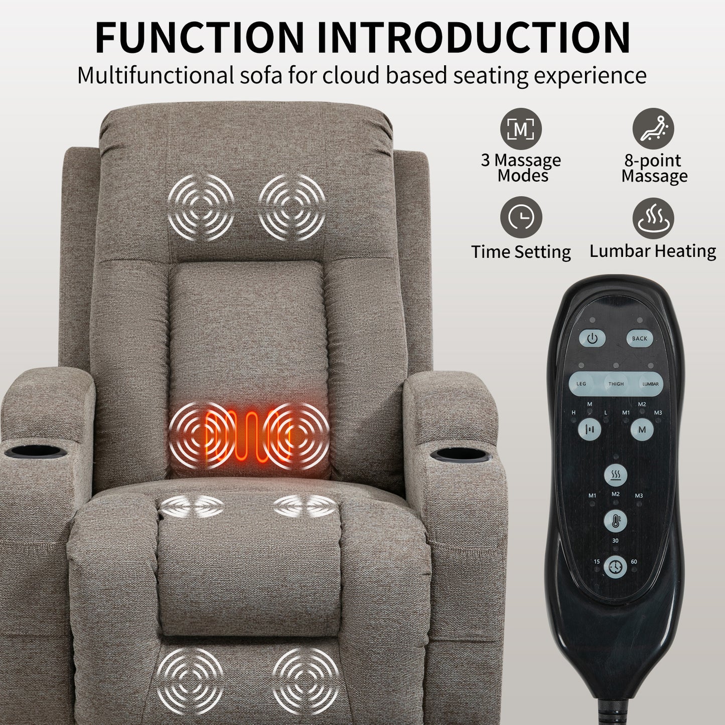 Electric Brown Recliner Chair with Lift, Massage, and Lumbar Heating