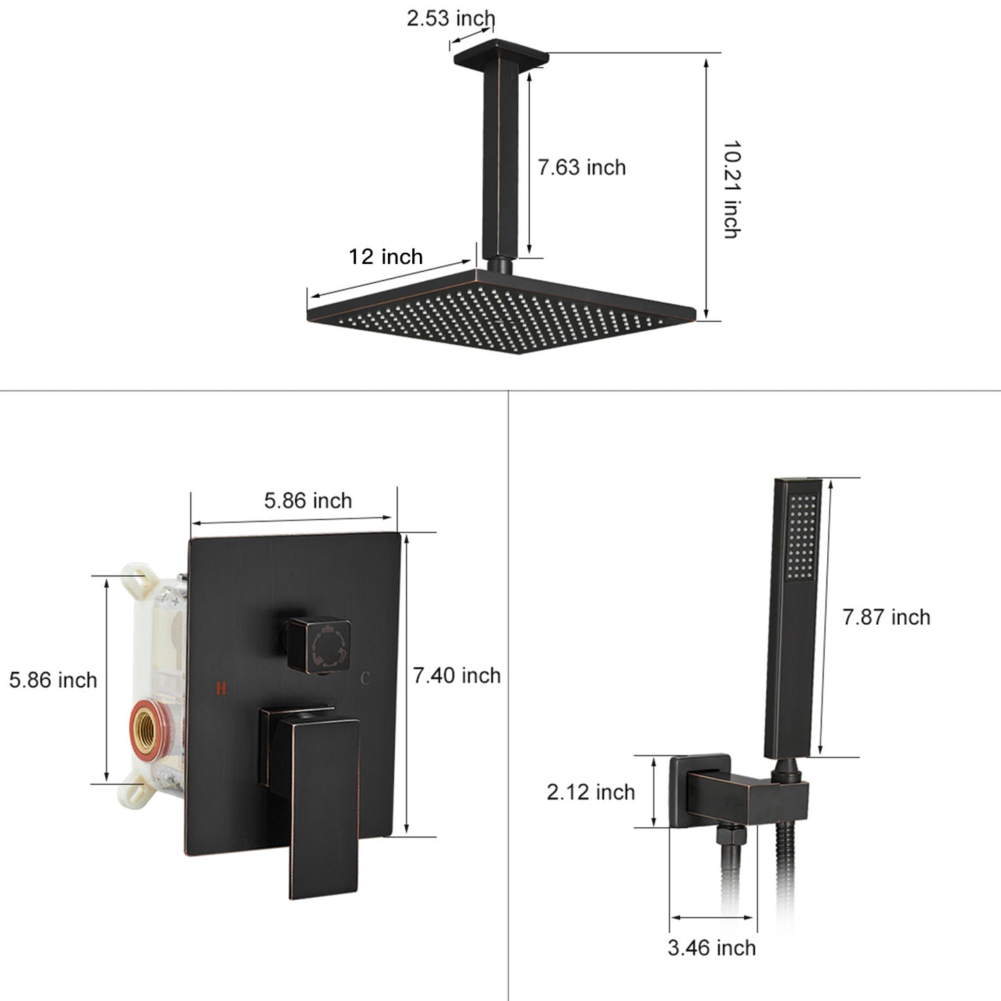 Square Oil Rubbed Bronze High Pressure Shower Faucet with 2 Handles and 10 Ceiling Shower Head