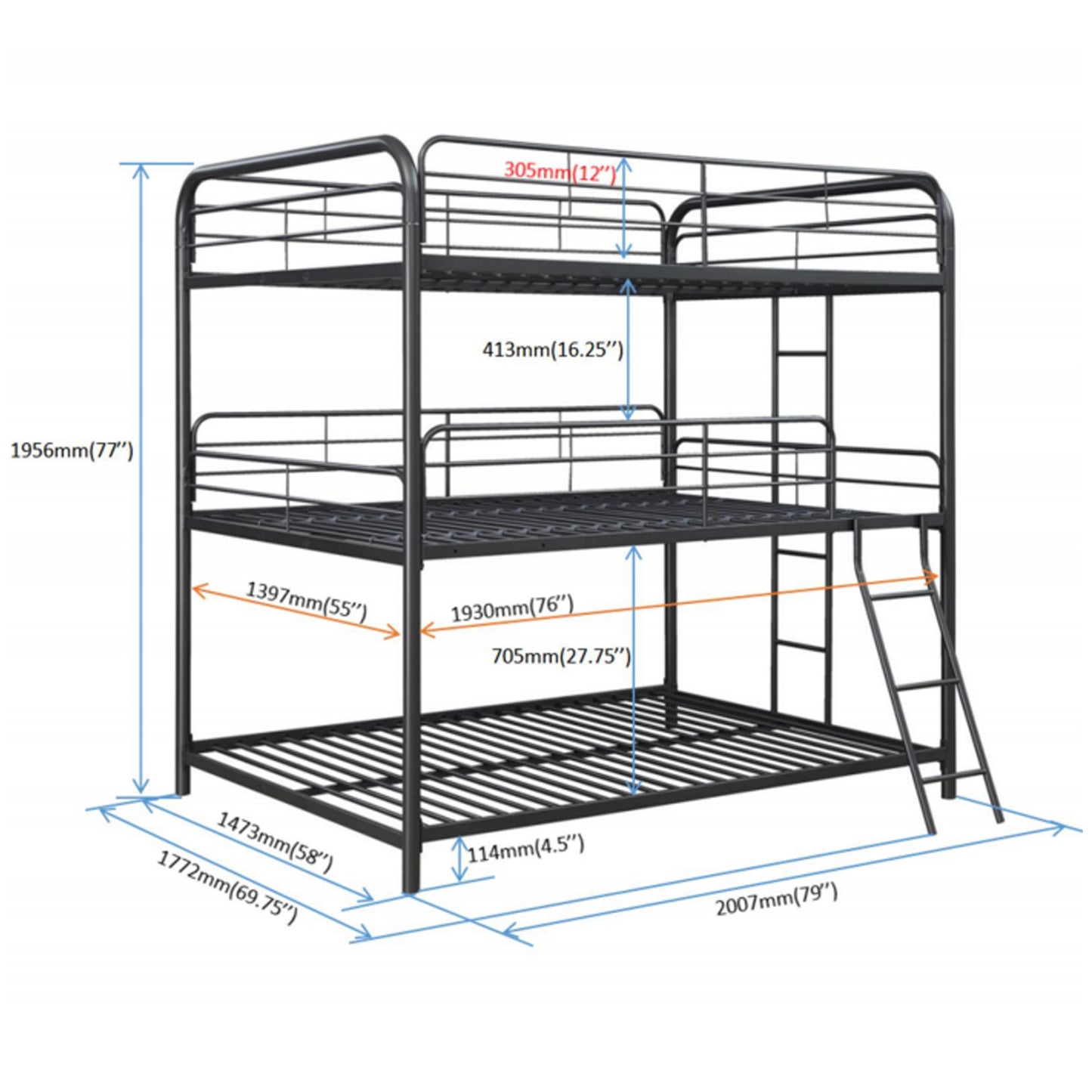 Trio Black Metal Triple Bunk Bed, FULL/FULL/FULL