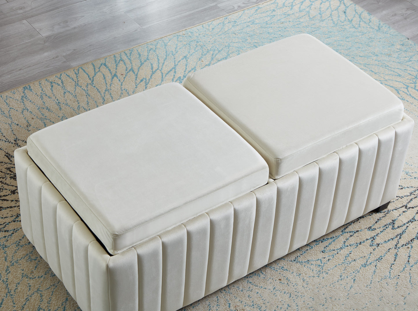 Contemporary Beige Velvet Storage Ottoman Bench with Coffee Tray and High-Density Sponge Fill