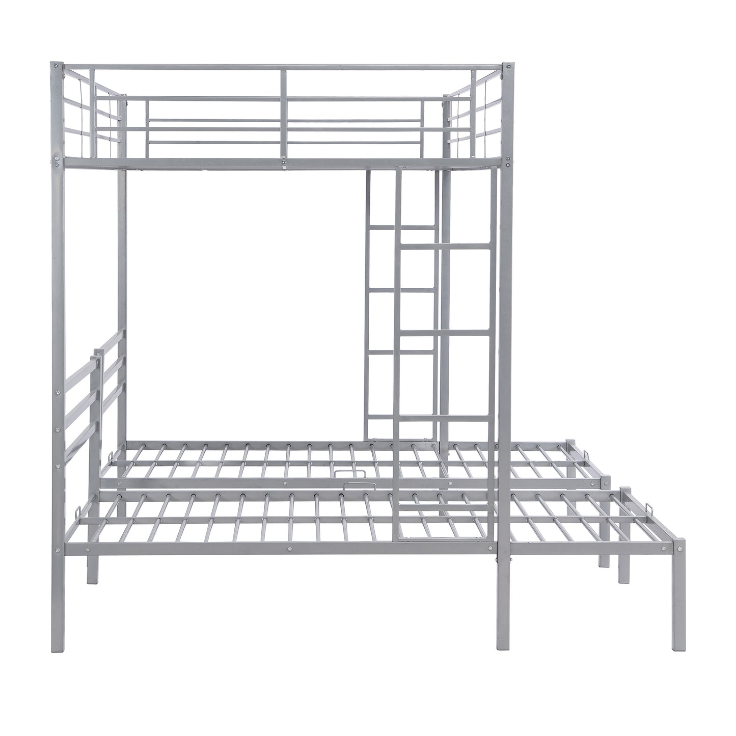 Space-Saving Silver Metal Triple Bunk Bed with Storage Shelf - Full over Twin & Twin Size