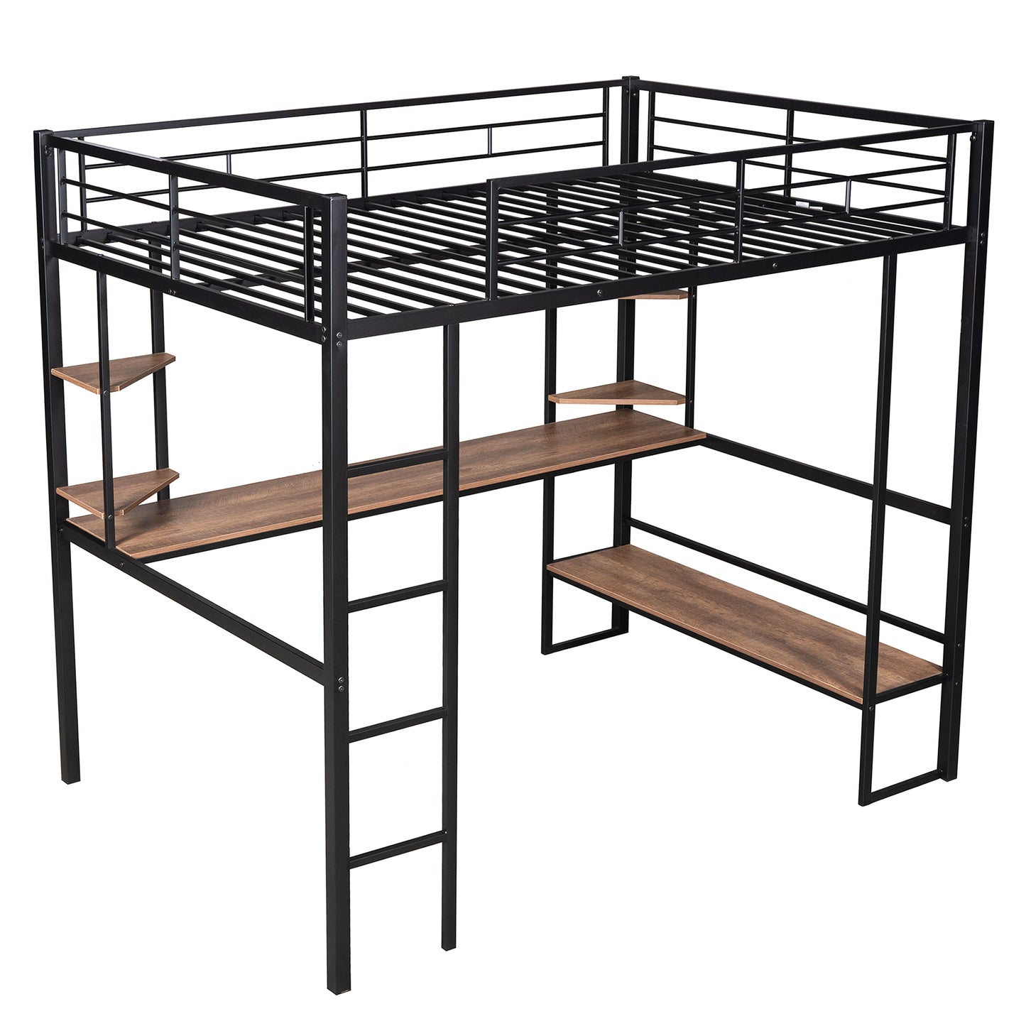 Full Size Loft Metal&MDF Bed with Long Desk and Shelves,Black