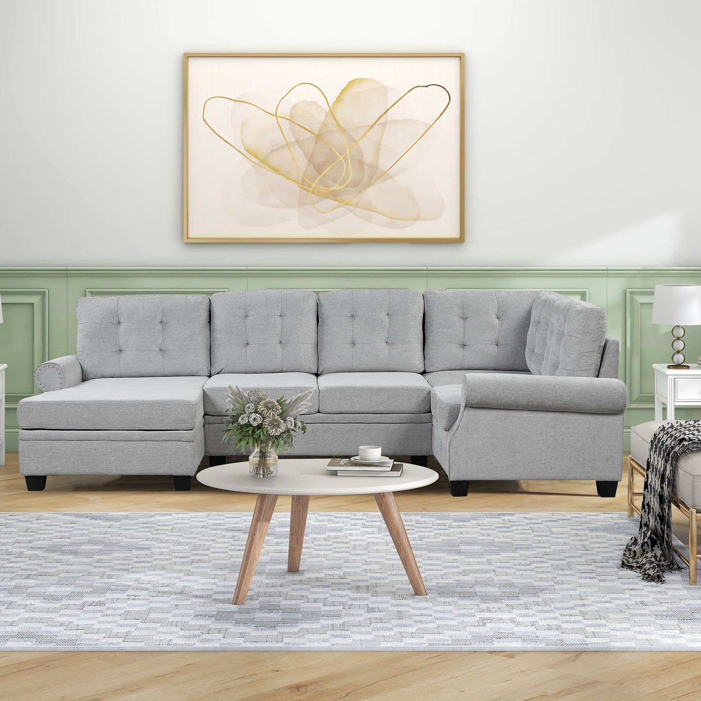 Luxe Gray U-Shaped Sectional Sofa with Tufted Backrest and Plush Comfort