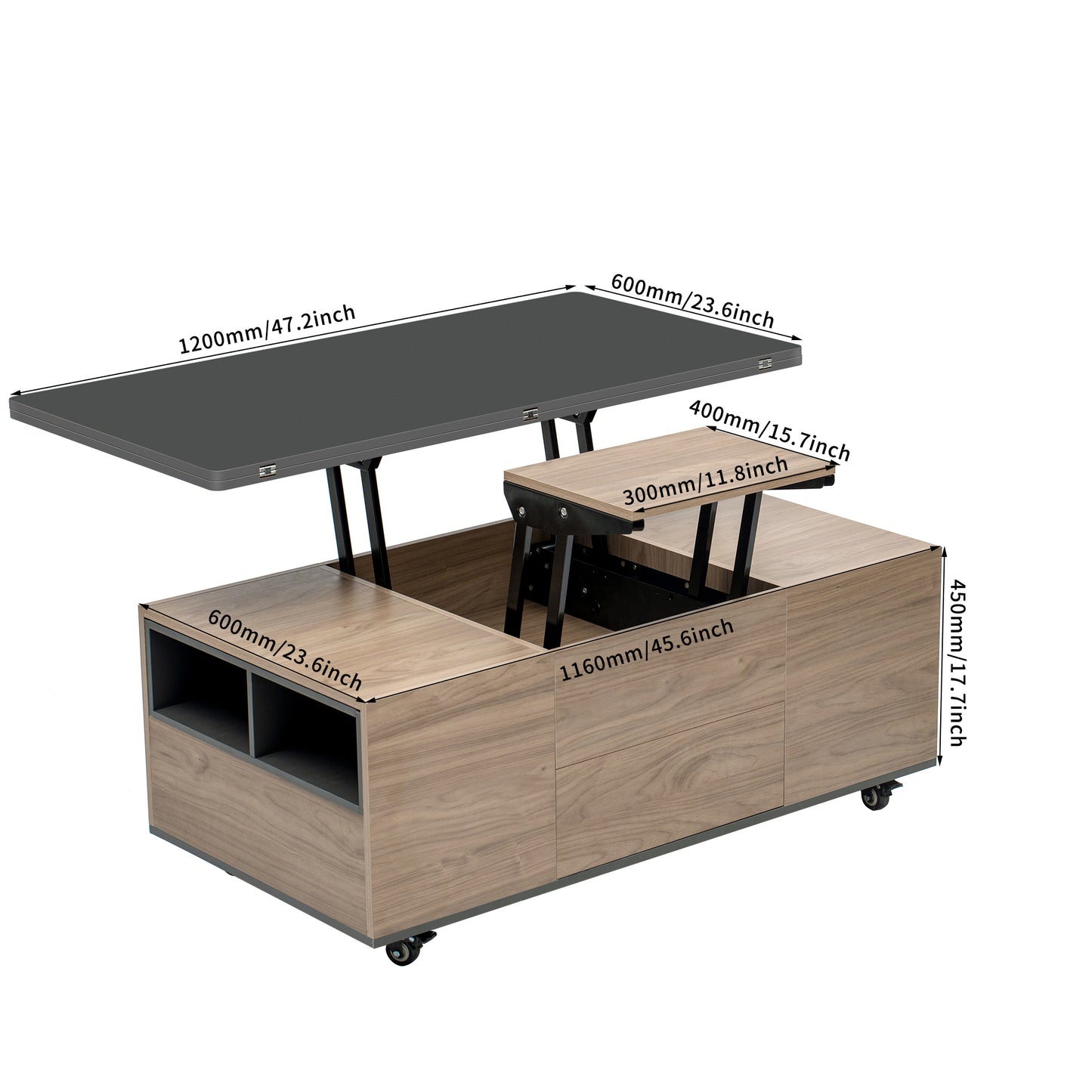 Walnut and Black Lift Top Coffee Table with Multi Functional Drawers