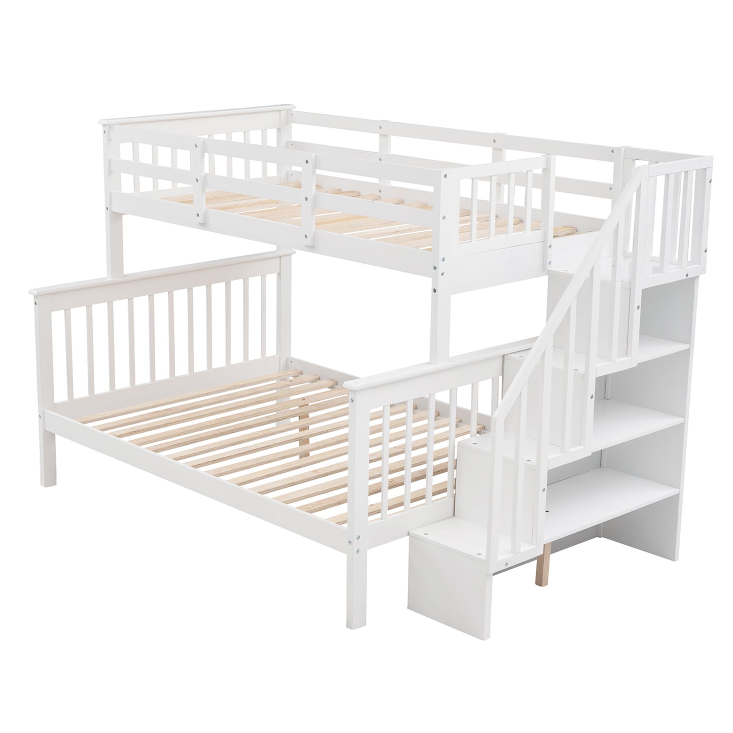 White Twin-Over-Full Bunk Bed with Staircase Storage and Guard Rail