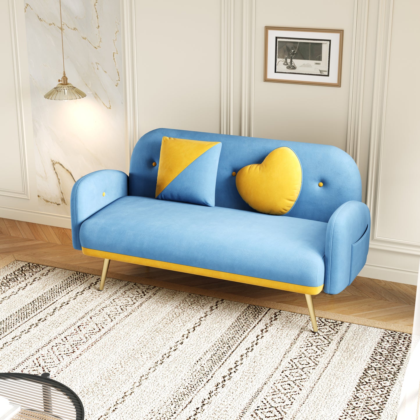 Blue Velvet Space-Saving Sofa with Throw Pillows - 58 Compact Design