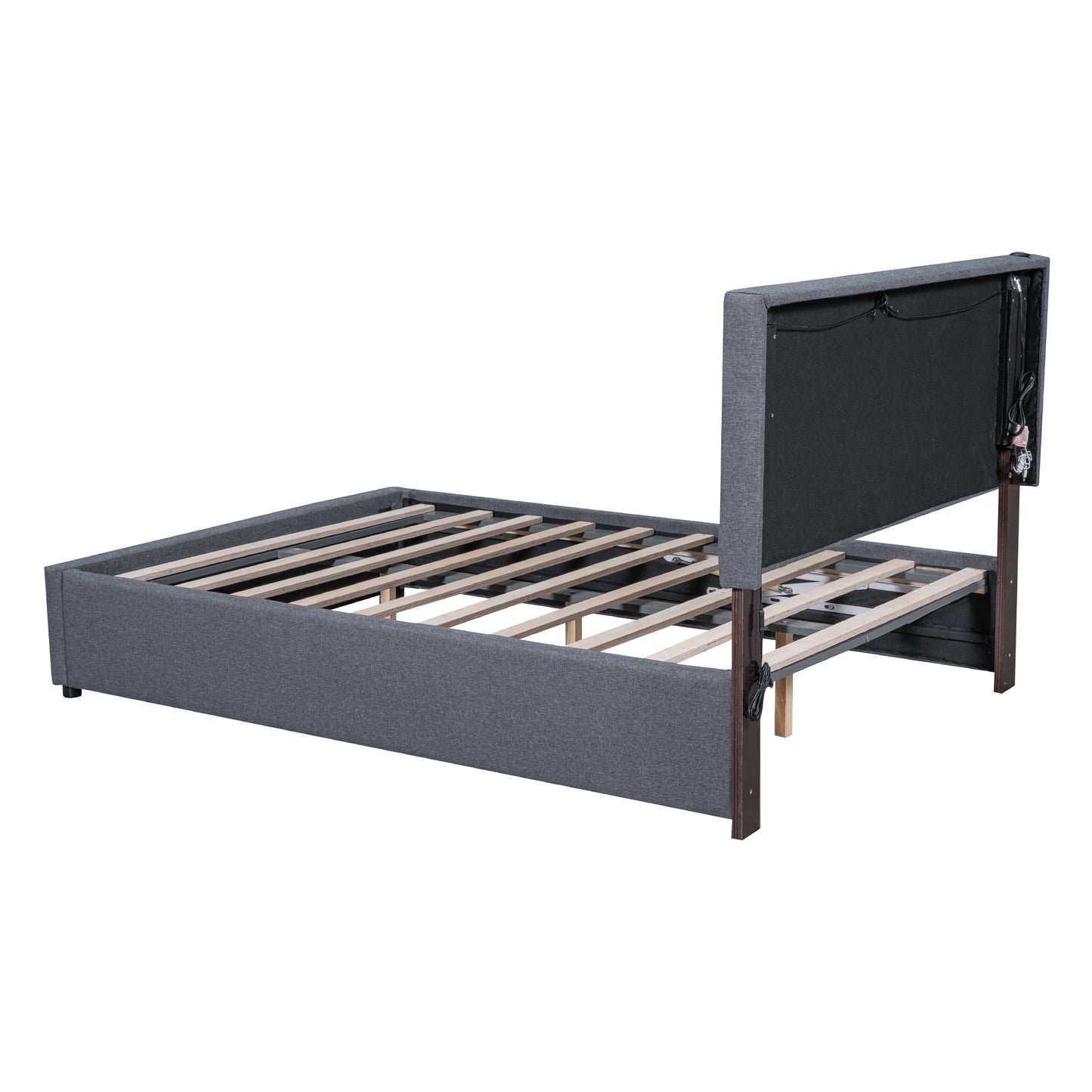 Queen Size Upholstered Bed with Hydraulic Storage System and LED Light, Gray