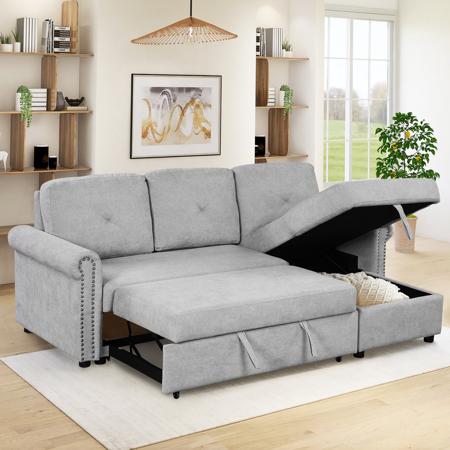 Modern 83-Inch Sleeper Sofa Bed with Chaise and Storage, Gray