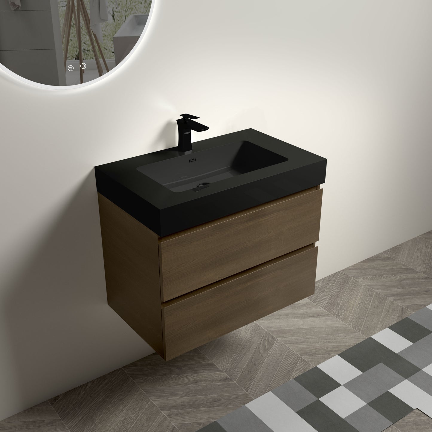 U044-Alice30-111 Alice 30" Dark Oak Bathroom Vanity with Black Sink, Large Storage Wall Mounted Floating Bathroom Vanity for Modern Bathroom, One-Piece Black Sink Basin without Drain and Faucet