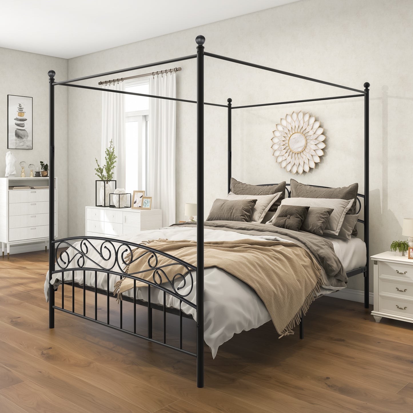 Queen Size Metal Canopy Bed Frame with Headboard and Footboard Black