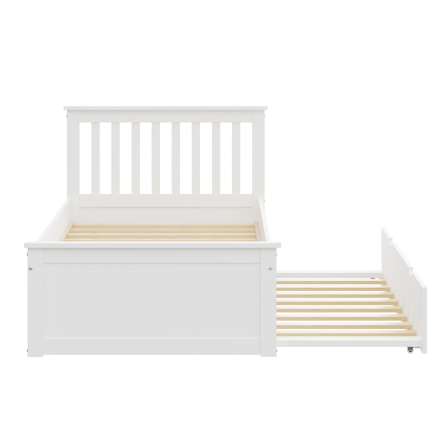 White Twin Trundle Bed, Heavy Duty Malibu Solid Wood Bed Frame with Twin Size Pull Out Toddler Trundle Bed for Kids