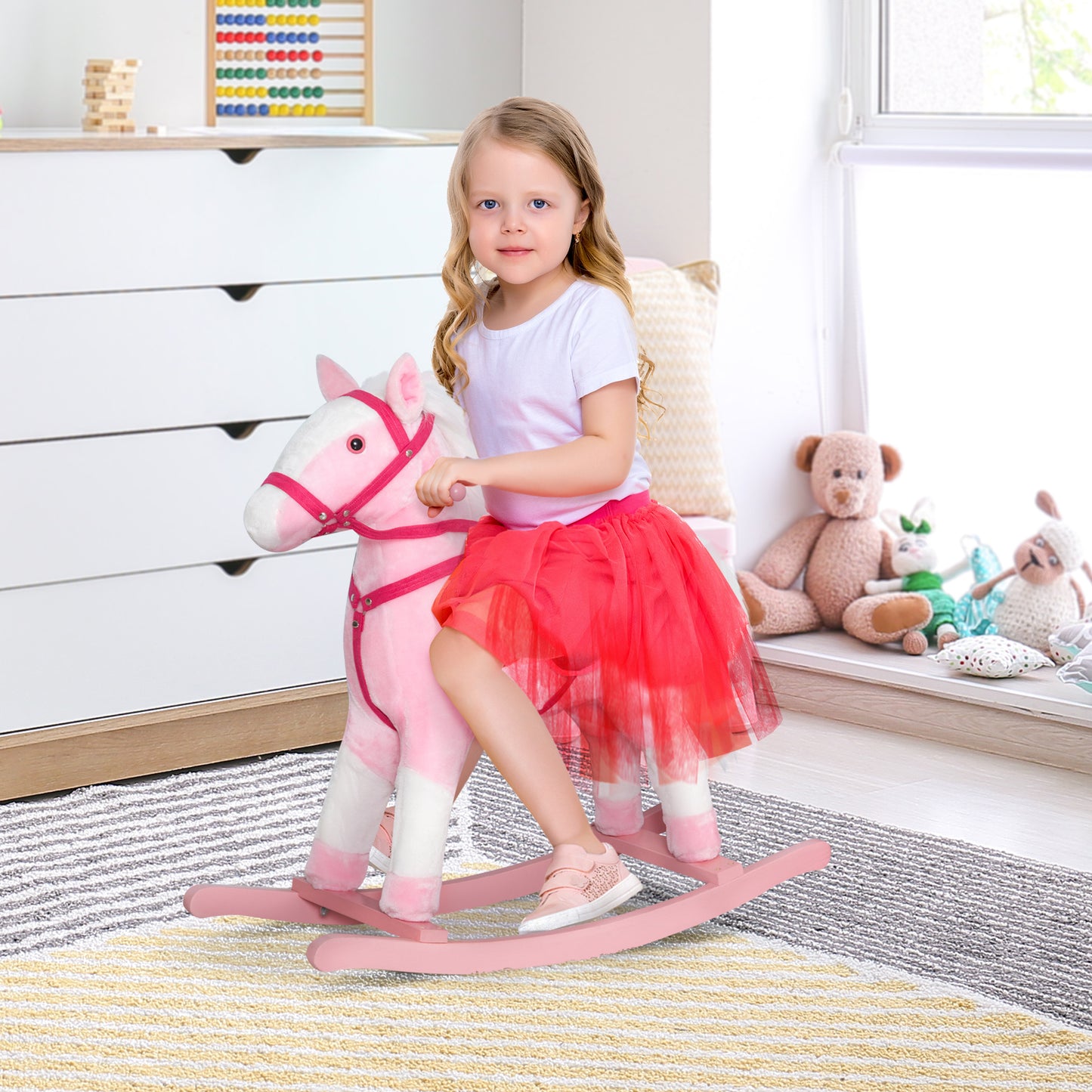 Kids Plush Toy Rocking Horse Pony Toddler Ride on Animal for Girls Pink Birthday Gifts with Realistic Sounds, Pink