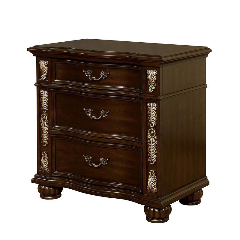 Formal Traditional 1pc Nightstand Only Brown Cherry Solid wood 3-Drawers Decorative Detail Brass Arch Pull Bedroom Furniture