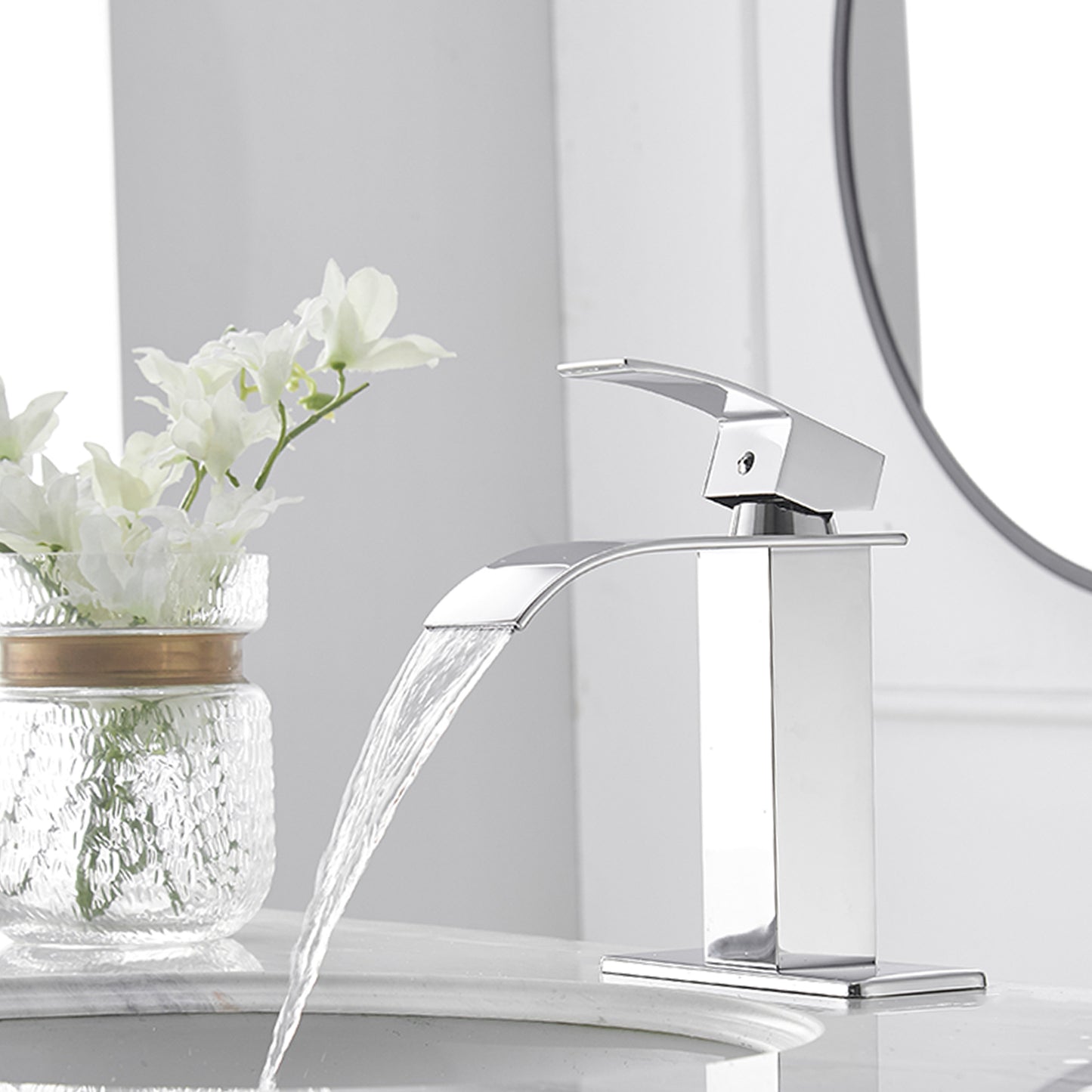 Chrome Waterfall Bathroom Faucet with Single-Handle Low-Arc Design