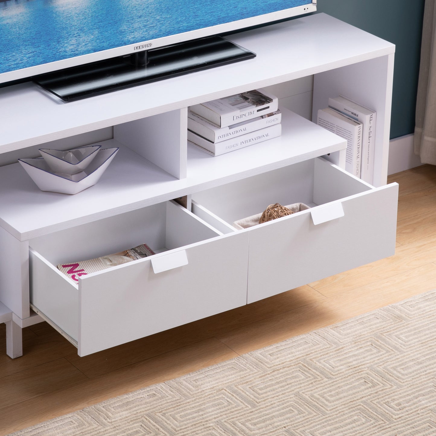 Stylish White TV Stand with Spacious Storage Options