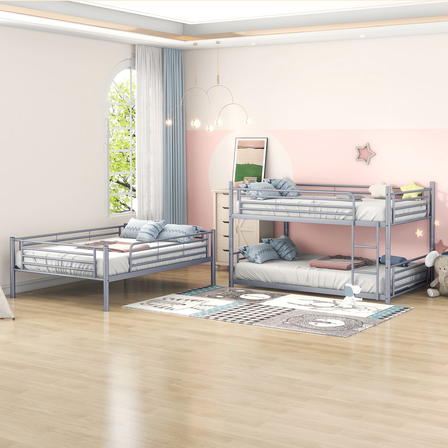 Full-Full-Full Metal  Triple Bed  with Built-in Ladder, Divided into Three Separate Beds,Gray