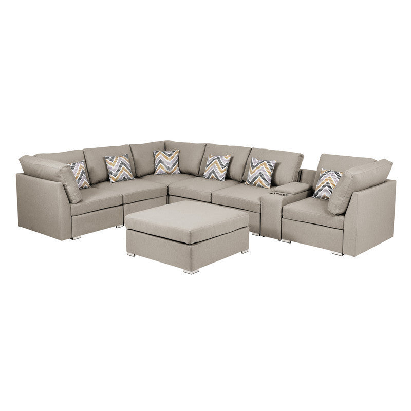 Lucy Beige Fabric Convertible Modular Sectional Sofa Set with USB Console and Ottoman