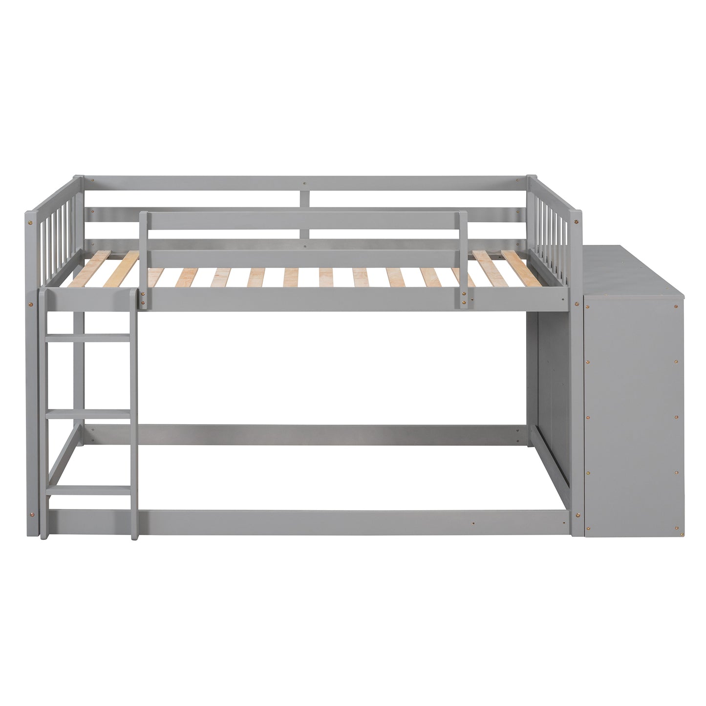 Space-Saving Gray Twin Bunk Bed with Storage and Built-in Shelves for Twin over Twin Configuration