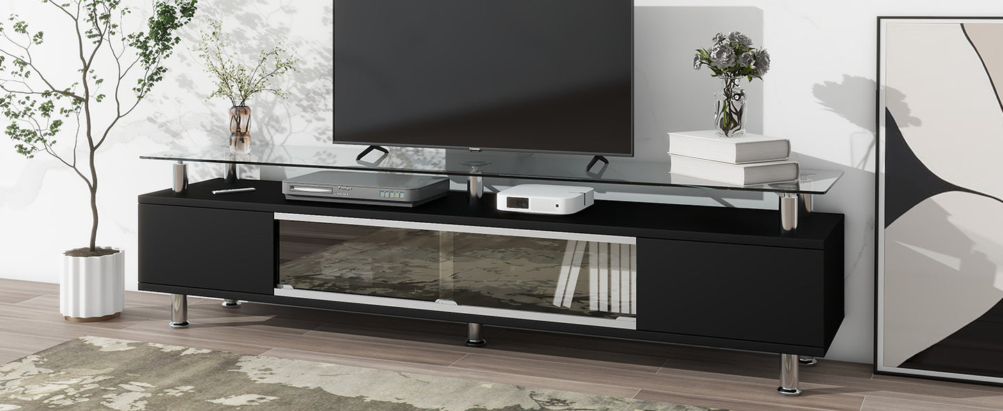 Modern Black Glass TV Stand with Sliding Door