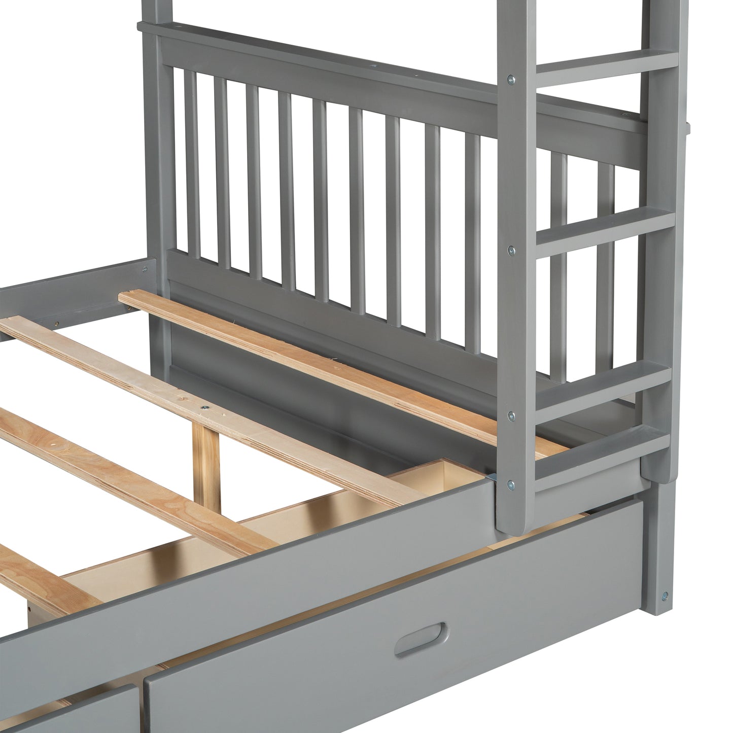 Gray Full-Over-Full Bunk Bed with Storage Drawers and Ladders