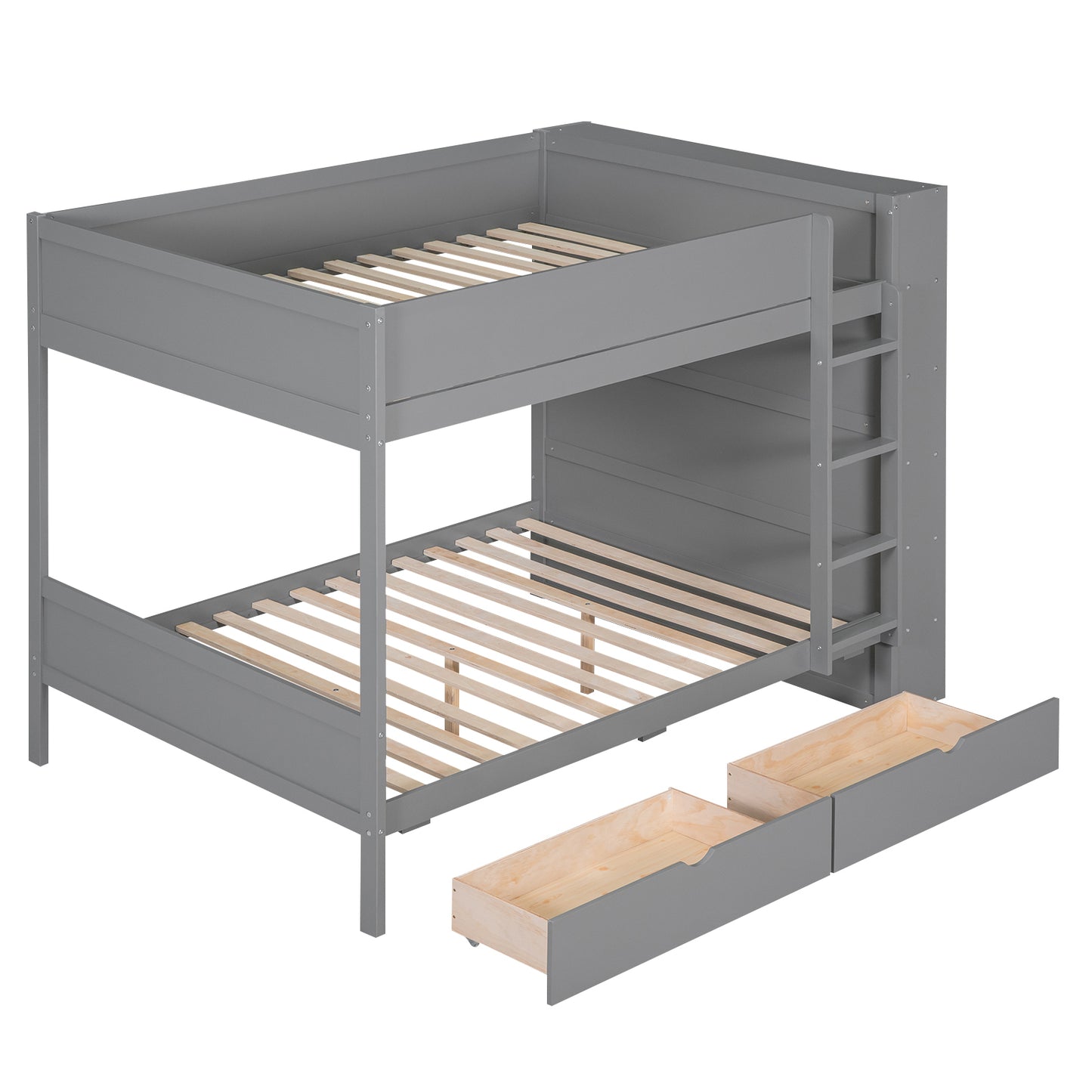 Gray Full over Full Bunk Bed with Storage Drawers and Cabinet for Kids