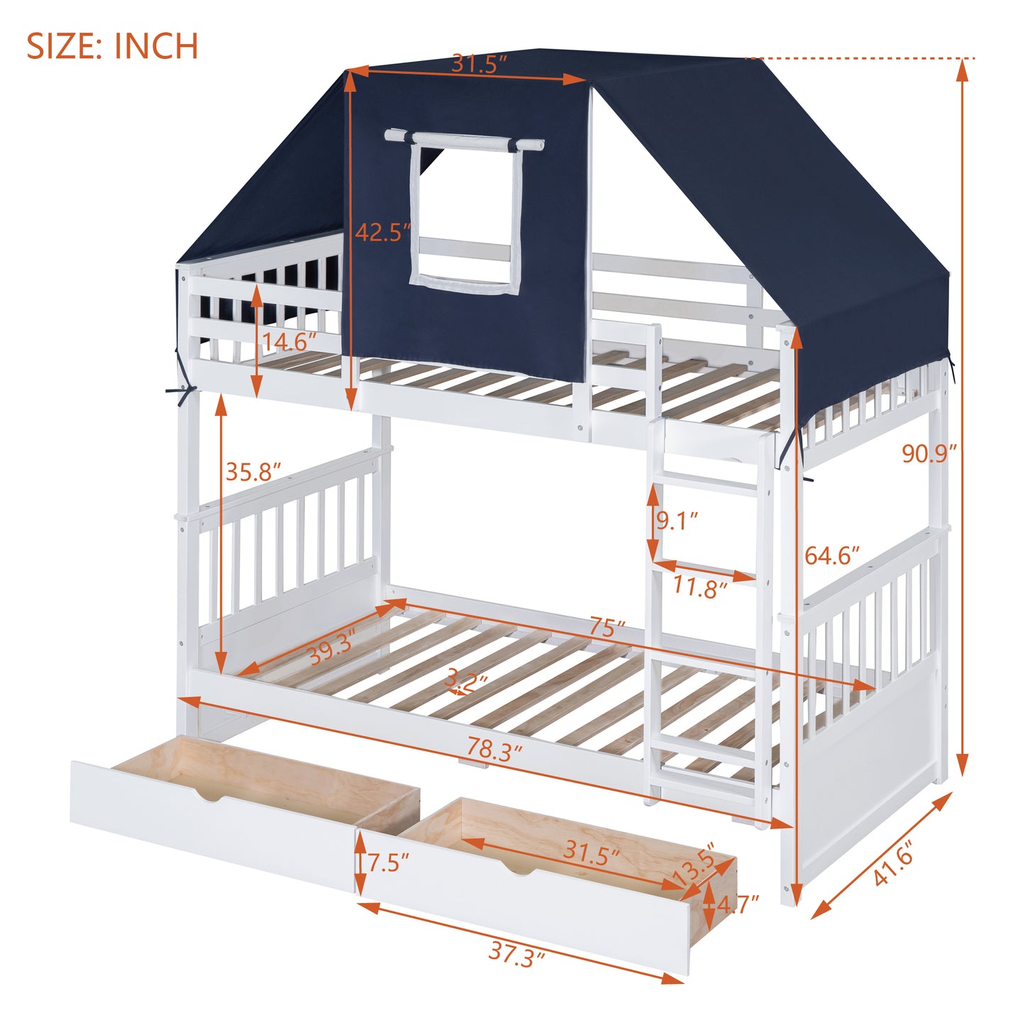 House-Shaped Twin Bunk Bed with Tent, Drawers, White & Blue